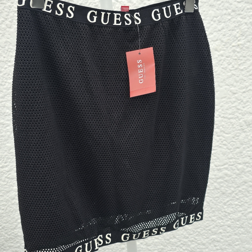 GUESS Black Mesh Pencil Skirt with Logo Waistband
